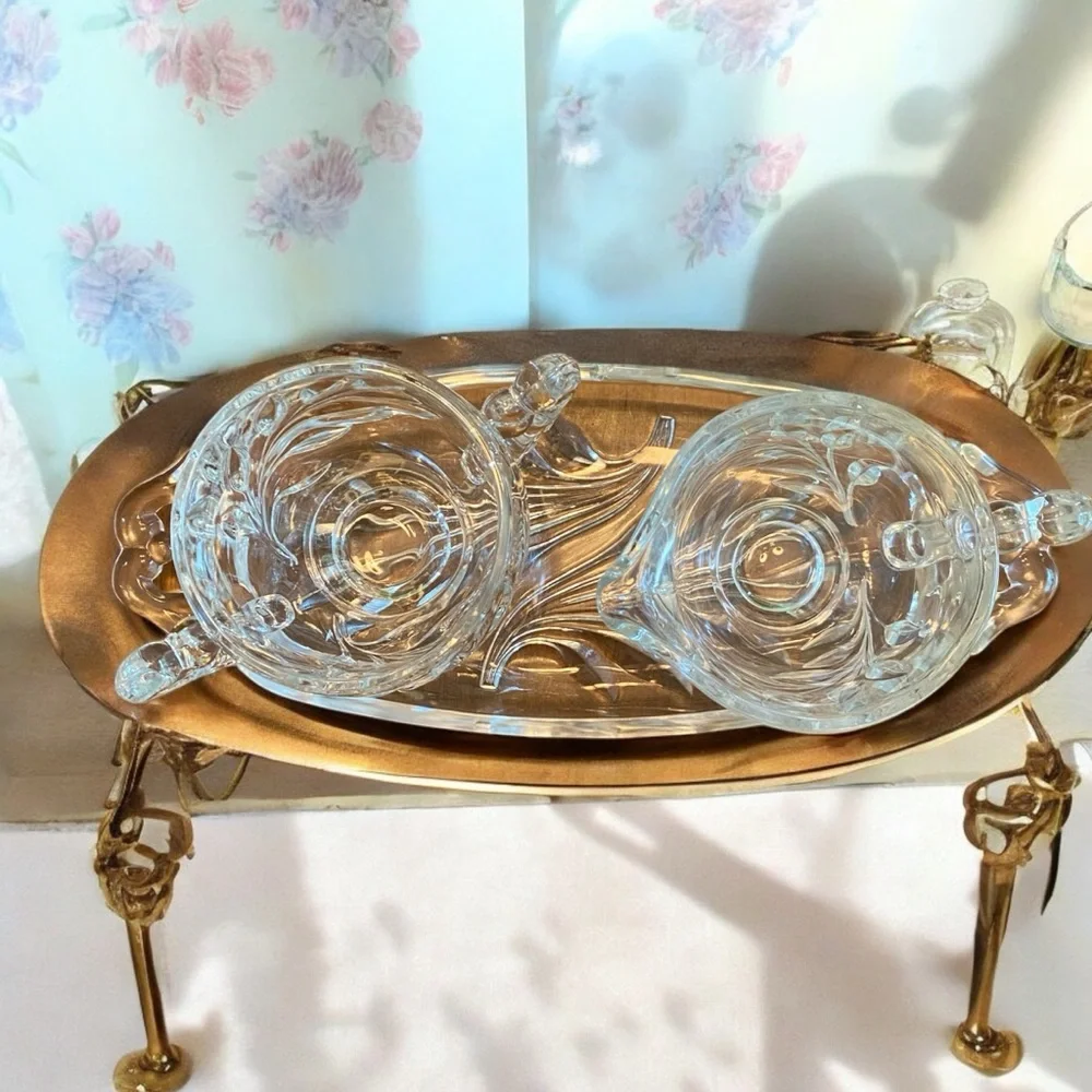 Vintage Indiana Glass Willow Oleander Clear Cream Sugar & Tray Set 3pc